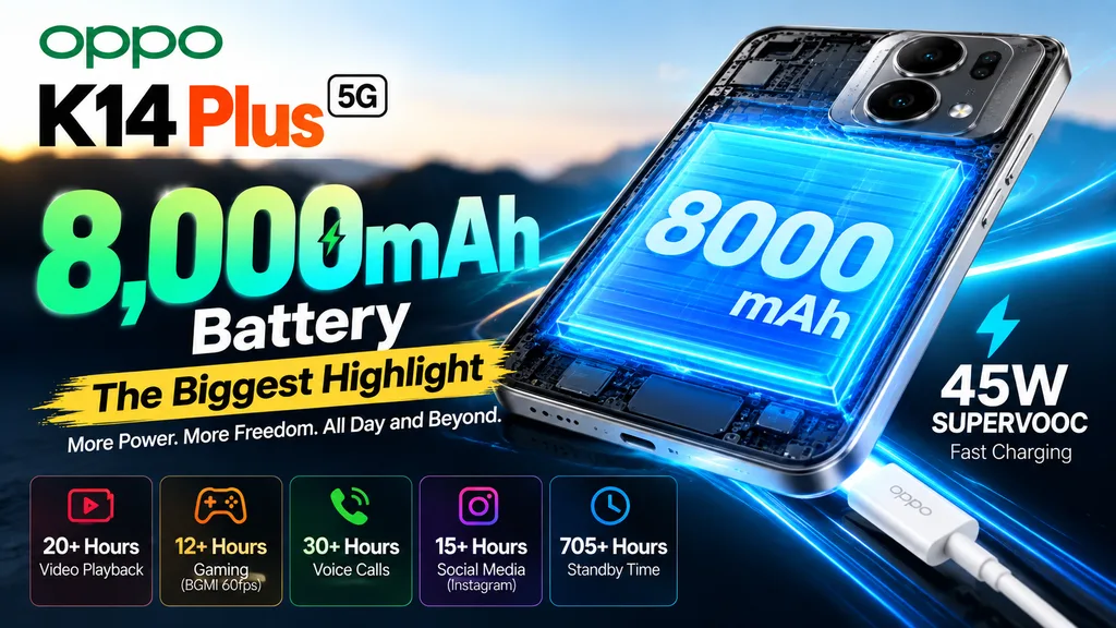 OPPO K14 Plus 5G with 8000mAh battery and 45W SUPERVOOC charging