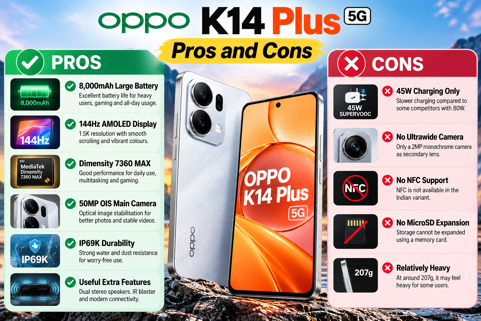 OPPO K14 Plus 5G pros and cons including 8000mAh battery, 144Hz AMOLED display and 50MP OIS camera