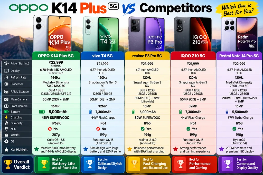 OPPO K14 Plus 5G vs competitors smartphone comparison of display, processor, camera, battery and charging