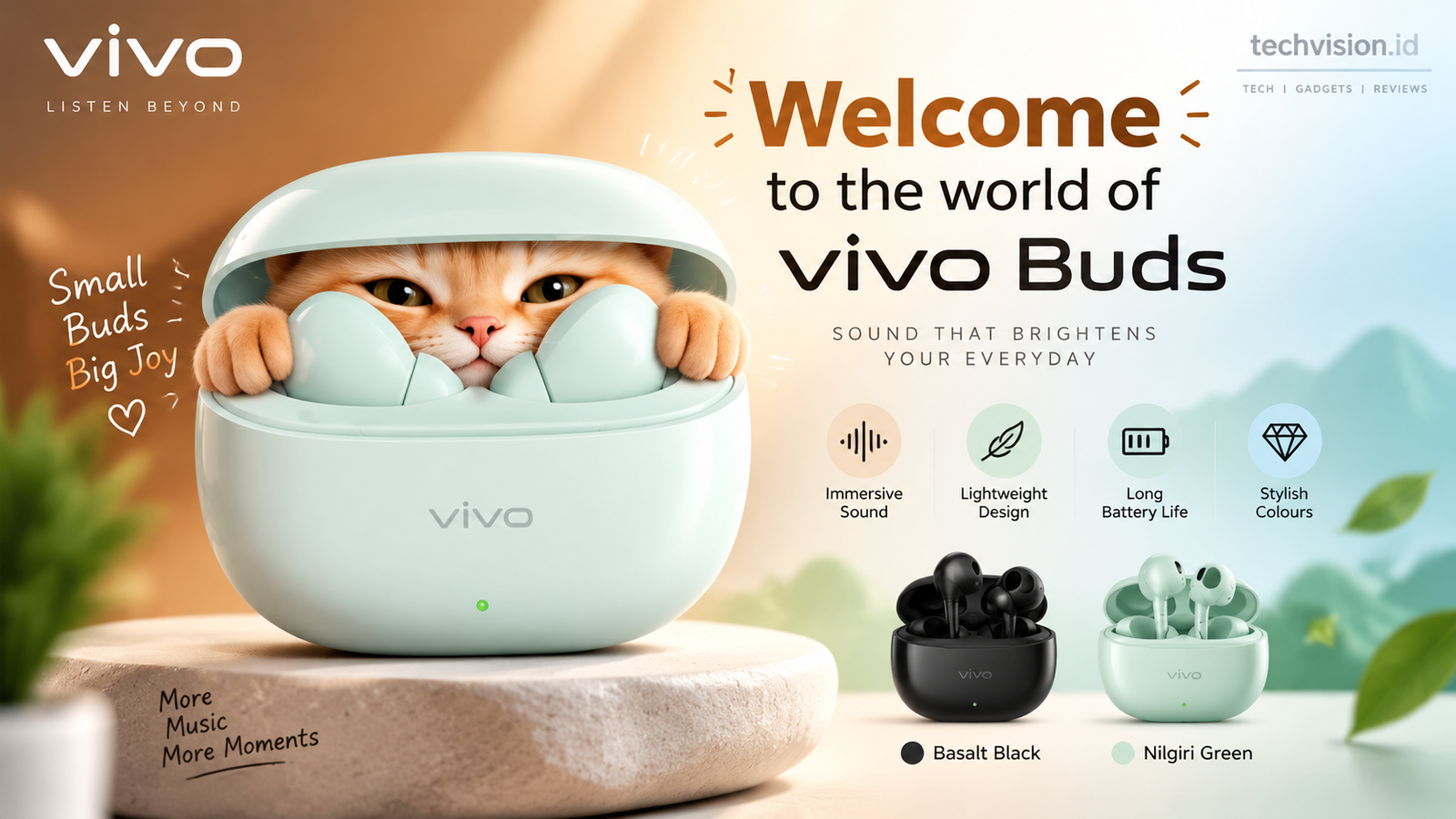 Vivo Buds TWS wireless earbuds with mint charging case, stylish design, immersive sound features, and Basalt Black and Nilgiri Green colour options